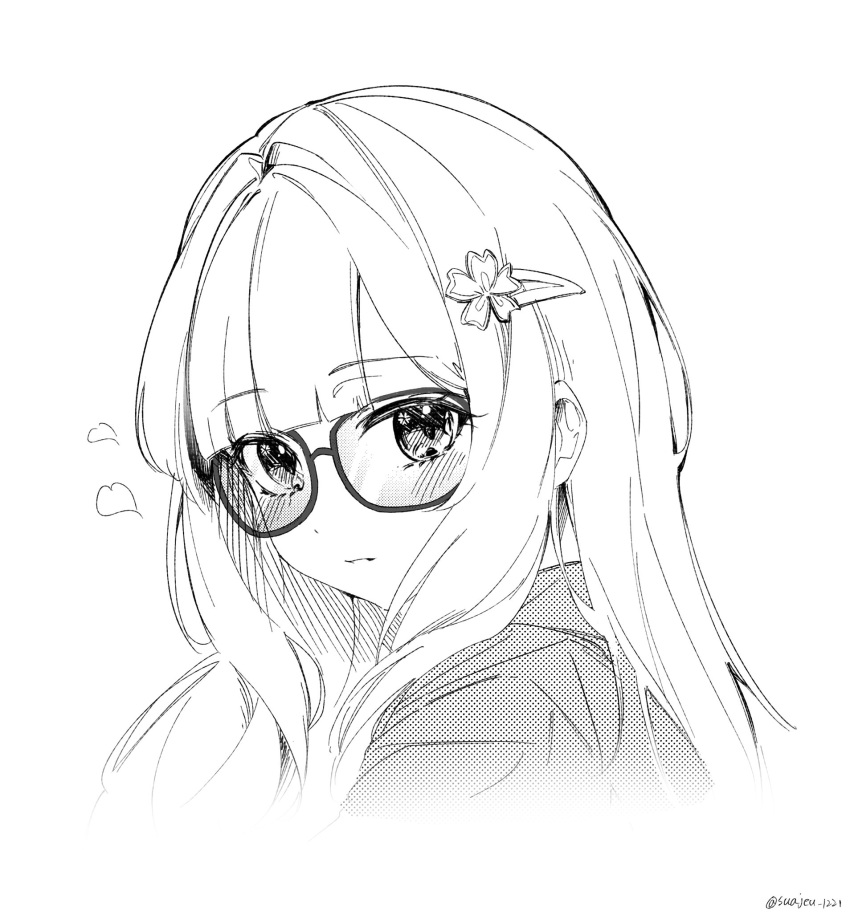 1girl blush dot_nose from_side glasses greyscale hair_intakes hair_ornament hairclip halftone hatching_(texture) heart highres honkai:_star_rail honkai_(series) linear_hatching long_bangs long_hair looking_at_viewer monochrome parted_lips portrait smile solo sparkle_(honkai:_star_rail) suajeu_1221 twitter_username