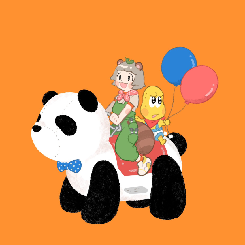 1boy 1girl :3 animal_ears animal_nose bald balloon bandana_around_neck barefoot black_eyes blush_stickers colored_skin commentary full_body green_overalls grey_shirt highres holding holding_balloon kiddie_ride leaf leaf_on_head looking_ahead looking_back mode_aim momoco_(momco04) orange_background panda peanuts-kun ponpoko_(vtuber) raccoon_ears raccoon_girl raccoon_tail riding shirt shoes short_hair short_sleeves shorts simple_background smile suspender_shorts suspenders symbol-only_commentary tail topless_male virtual_youtuber yellow_skin
