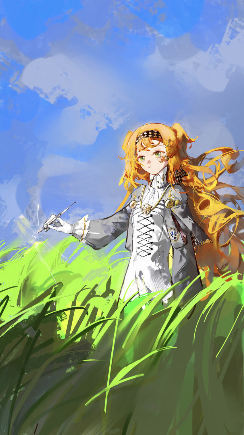 1girl absurdres ashufu blue_sky braid checkered_hairband chinese_commentary closed_mouth clouds commentary_request day dress floating_hair glass_pen gloves grass green_eyes grey_sleeves high_collar highres holding holding_wand long_hair long_sleeves orange_hair outdoors reverse:1999 side_braid sky solo sonetto_(reverse:1999) standing tall_grass two_side_up very_long_hair wand white_dress white_gloves
