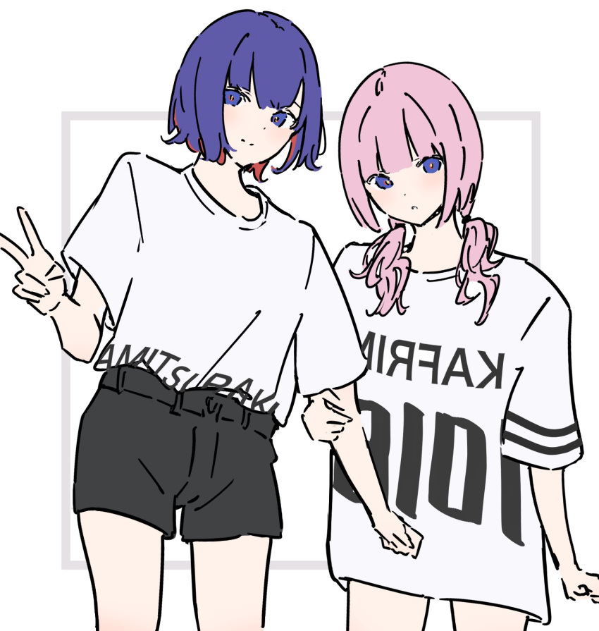 2girls atenaba black_shorts blue_eyes blue_hair closed_mouth commentary_request cowboy_shot hand_on_another's_arm highres kaf_(kamitsubaki_studio) kamitsubaki_studio long_hair long_shirt looking_at_viewer multicolored_hair multiple_girls parted_lips pink_hair rectangle red_pupils redhead rim_(kamitsubaki_studio) shirt shirt_tucked_in short_sleeves shorts simple_background smile streaked_hair twintails very_long_hair white_background white_shirt yellow_pupils