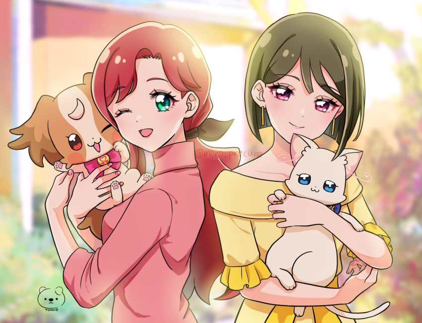 2girls :3 ;d animal black_bow blue_eyes bob_cut bow brown_hair cat closed_mouth collarbone dog dot_nose fingernails green_eyes hair_bow highres holding holding_animal holding_cat holding_dog inukai_komugi inukai_komugi_(dog) inukai_youko long_hair looking_at_viewer low_ponytail mature_female moro_precure multiple_girls nekoyashiki_sumire nekoyashiki_yuki nekoyashiki_yuki_(cat) one_eye_closed open_mouth papillon_(dog) pink_bow pink_eyes pink_nails pink_shirt precure redhead shirt short_hair signature smile twitter_username white_cat wonderful_precure! yellow_shirt