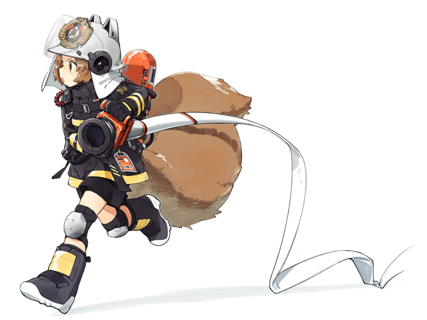 1girl animal_ears_helmet arknights black_footwear black_gloves black_shorts boots brown_eyes brown_hair commentary_request fire_helmet firefighter firefighter_jacket full_body gloves holding holding_hose hose jacket knee_pads long_sleeves nakatani_nio open_mouth oxygen_tank radio red_jacket shaw_(arknights) short_hair shorts simple_background solo squirrel_girl squirrel_tail tail white_background
