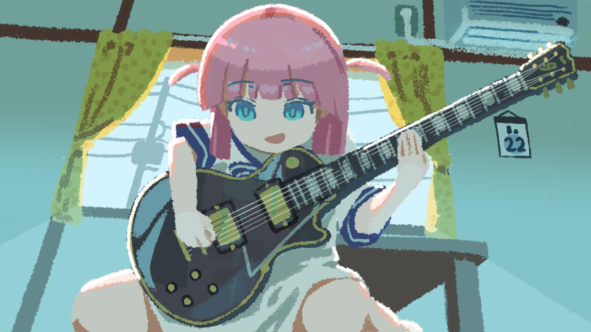 1girl air_conditioner arisaki_(cnxy7525) blue_eyes bocchi_the_rock! calendar_(object) child curtains dress gotoh_futari guitar highres holding holding_plectrum indoors instrument open_mouth pink_hair playing_guitar plectrum short_hair short_sleeves sitting smile solo table two_side_up utility_pole wariza white_dress window