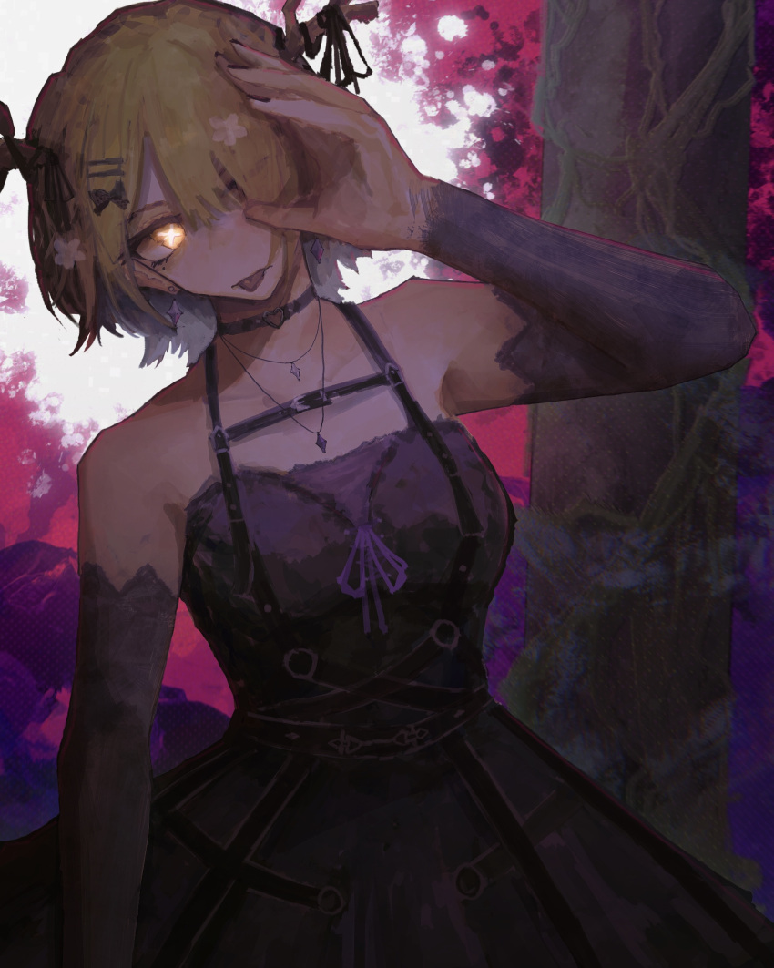 1girl absurdres antlers antsplorer armpits black_choker black_dress black_sleeves branch breasts ceres_fauna ceres_fauna_(4th_costume) chest_strap choker detached_sleeves dress flower glowing goth_fashion green_hair hair_flower hair_ornament hair_over_one_eye heart heart_choker highres hololive hololive_english horns large_breasts looking_at_viewer mole mole_under_eye multicolored_hair o-ring o-ring_choker official_alternate_costume official_alternate_hairstyle short_hair sleeveless solo tongue tongue_out tree tree_horns virtual_youtuber yellow_eyes