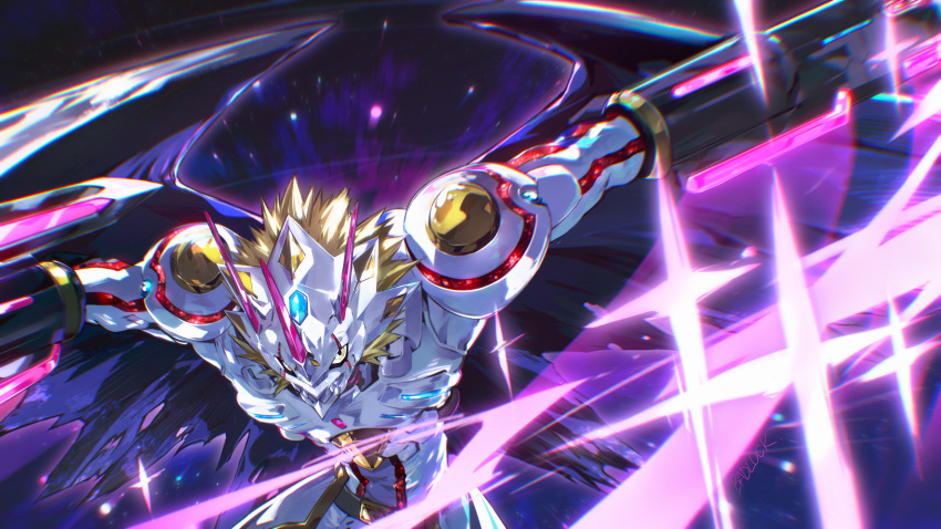 1boy absurdres arm_blade arm_cannon armor badluck black_wings blonde_hair digimon dragon forehead_jewel glowing highres horns looking_at_viewer mask mouth_mask short_hair siriusmon sparkle spiky_hair torn_wings weapon wings yellow_eyes