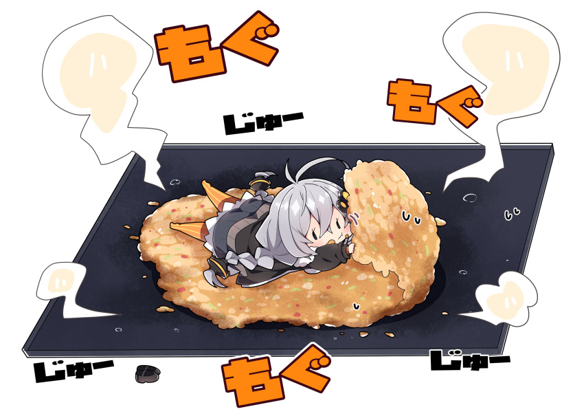1girl :t antenna_hair black_footwear black_jacket braid chibi closed_mouth commentary_request dress eating food food_request grey_dress grey_hair hair_between_eyes hair_ornament highres in_food jacket kizuna_akari long_hair long_sleeves low_twintails lying milkpanda mini_person minigirl on_stomach orange_pantyhose pantyhose puffy_long_sleeves puffy_sleeves shoes simple_background solo steam striped_clothes striped_pantyhose sweat translation_request twin_braids twintails unworn_shoes vertical-striped_clothes vertical-striped_pantyhose very_long_hair voiceroid wavy_mouth white_background
