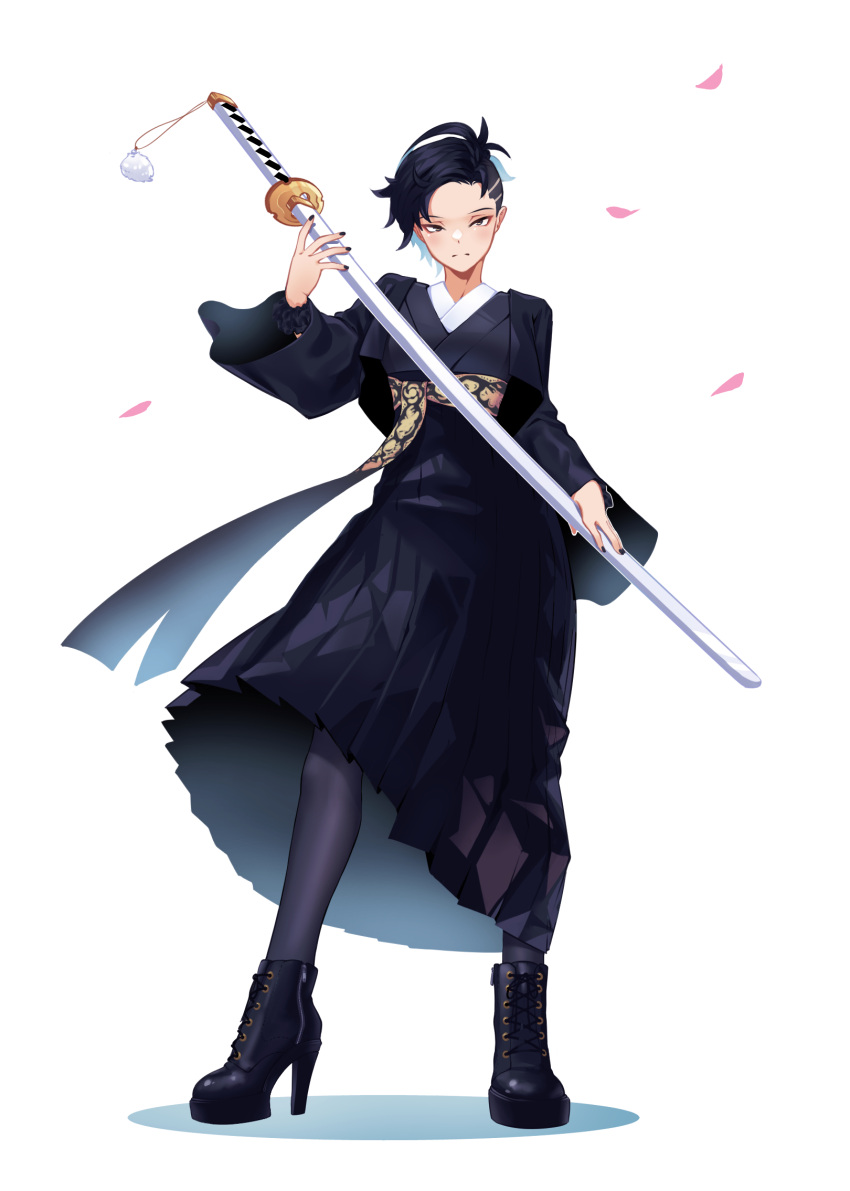 1girl black_footwear black_hair black_hakama blue_hair boots closed_mouth commentary commission cross-laced_footwear full_body hakama hakama_skirt high_heel_boots high_heels highres holding holding_sword holding_weapon japanese_clothes katana looking_at_viewer nail_polish original pantyhose petals short_hair simple_background skirt solo split_mouth standing sword undercut weapon white_background yoruny