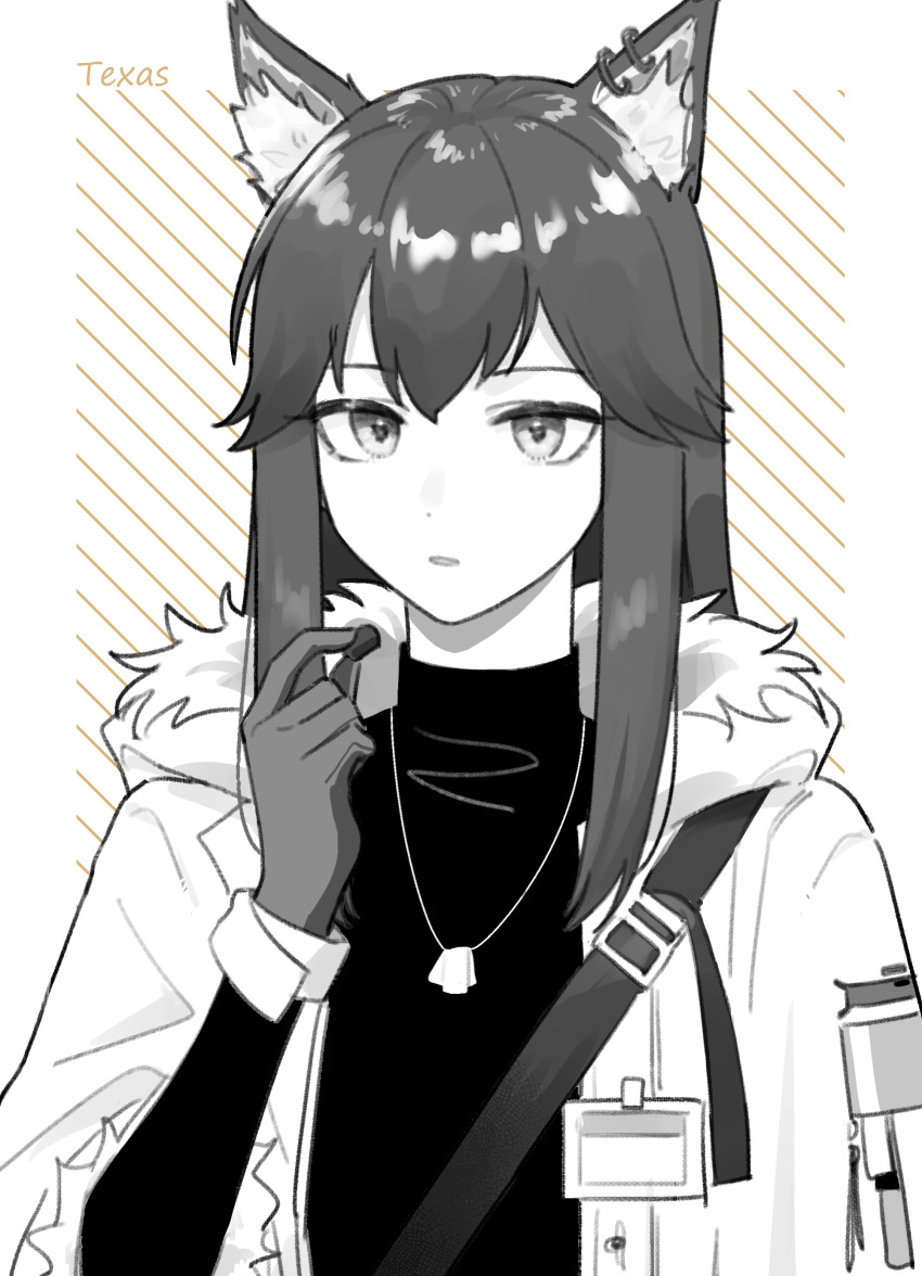 1girl absurdres animal_ear_fluff animal_ear_piercing animal_ears arknights character_name coat expressionless fur-trimmed_coat fur-trimmed_hood fur_trim greyscale hand_up highres holding hood hood_down hooded_coat jewelry long_hair monochrome necklace official_alternate_costume open_clothes open_coat parted_lips sidelocks solo spot_color strap suika_aji sweater texas_(arknights) texas_(winter_messenger)_(arknights) turtleneck turtleneck_sweater unfinished upper_body wolf_ears wolf_girl
