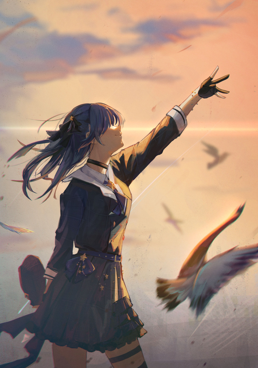 1girl absurdres arm_up bird black_choker black_gloves blue_hair blurry choker closed_mouth commentary_request depth_of_field from_side gloves grey_headwear grey_shirt grey_skirt hat highres holding holding_clothes holding_hat hololive hoshimachi_suisei hoshimachi_suisei_(1st_costume) jacket long_hair long_sleeves outdoors partially_fingerless_gloves plaid plaid_headwear plaid_jacket satellite999 shirt side_ponytail skirt smile sunset thigh_strap unworn_headwear upper_body virtual_youtuber