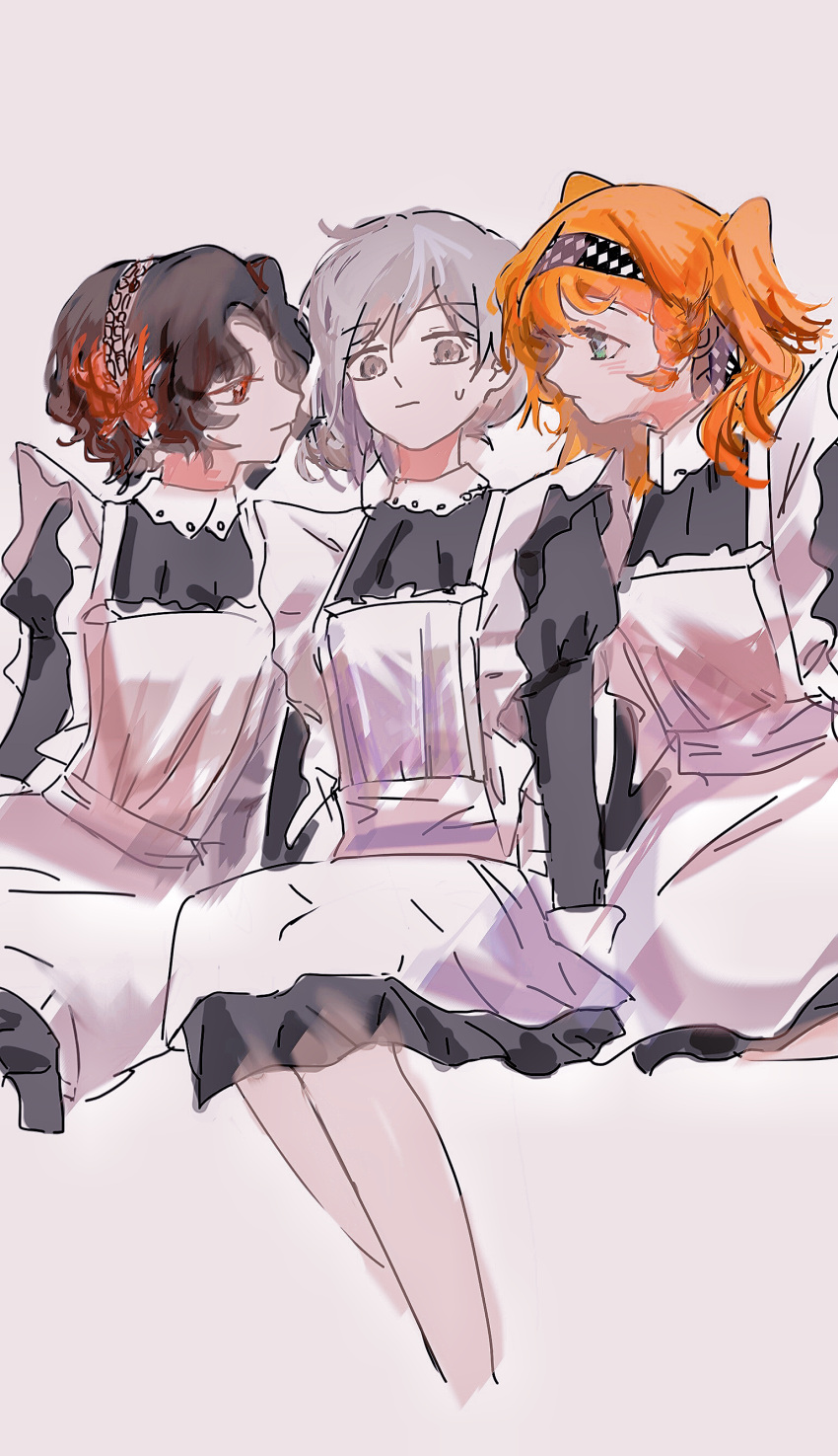 3girls absurdres apron ashufu black_dress braid brown_hair checkered_hairband chinese_commentary closed_mouth commentary_request cropped_legs dress girl_sandwich green_eyes grey_background grey_eyes grey_hair hair_bun highres juliet_sleeves long_sleeves looking_at_another maid maid_apron multiple_girls orange_hair puffy_sleeves red_eyes reverse:1999 sandwiched schneider_(reverse:1999) short_hair side_braid simple_background single_side_bun sitting sonetto_(reverse:1999) sweatdrop two_side_up vertin_(reverse:1999) white_apron yuri