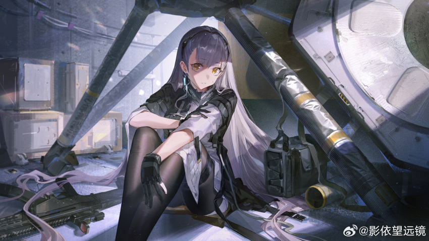 1girl absurdres ak-alfa ak-alfa_(girls'_frontline) black_bag black_gloves black_jacket black_pantyhose dress feet_out_of_frame girls'_frontline_2:_exilium girls_frontline gloves grey_hair gun hand_on_own_arm highres indoors jacket knees_up long_hair looking_at_viewer on_ground pantyhose parted_lips rifle shade sitting solo sweat very_long_hair weapon white_dress yellow_eyes ying_yi