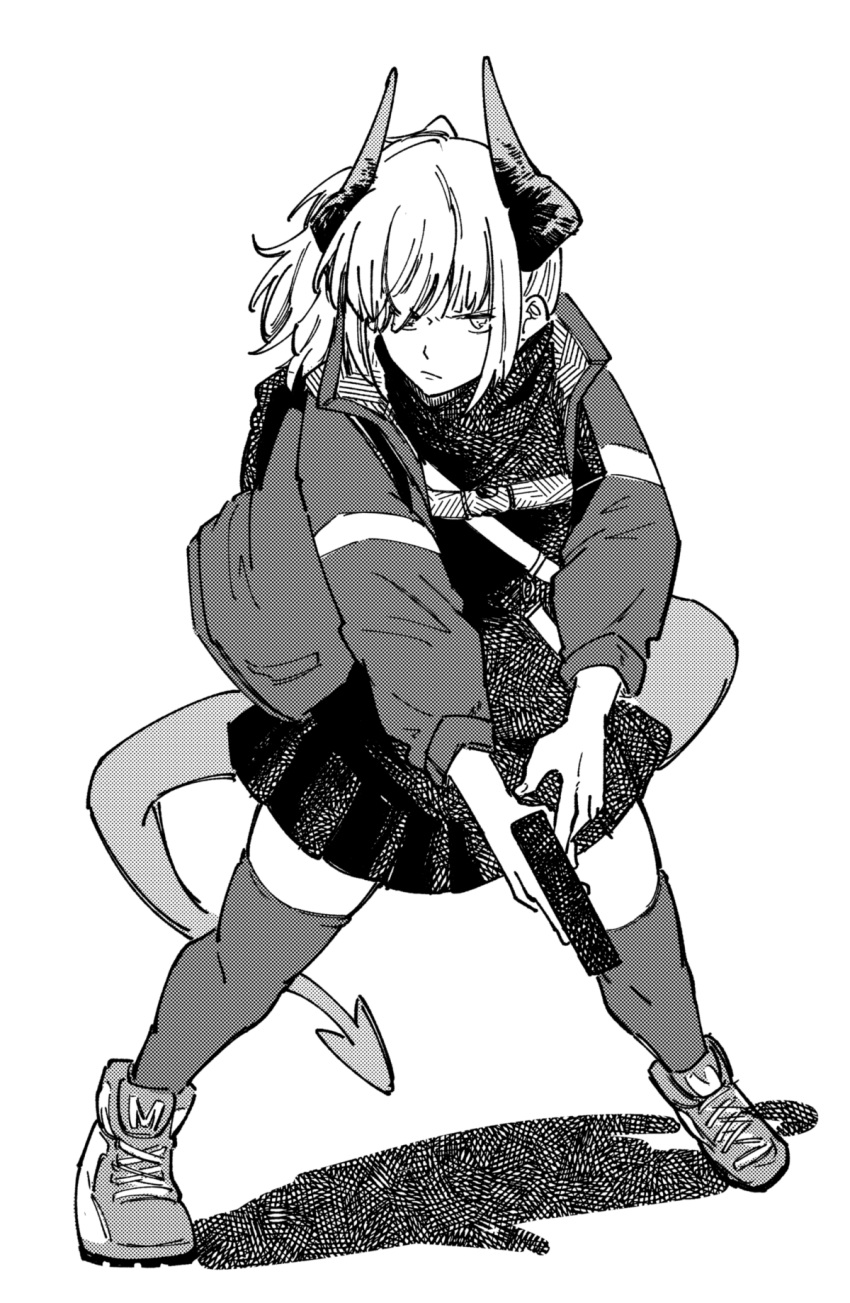 1girl arknights closed_mouth commentary_request dragon_girl dragon_horns dragon_tail full_body greyscale gun halftone handgun haruichi_(sazanami_complex) highres holding holding_gun holding_weapon horns jacket liskarm_(arknights) long_sleeves looking_at_viewer monochrome open_clothes open_jacket pleated_skirt serious shoes short_hair simple_background skirt solo standing sweater tail thigh-highs weapon white_background