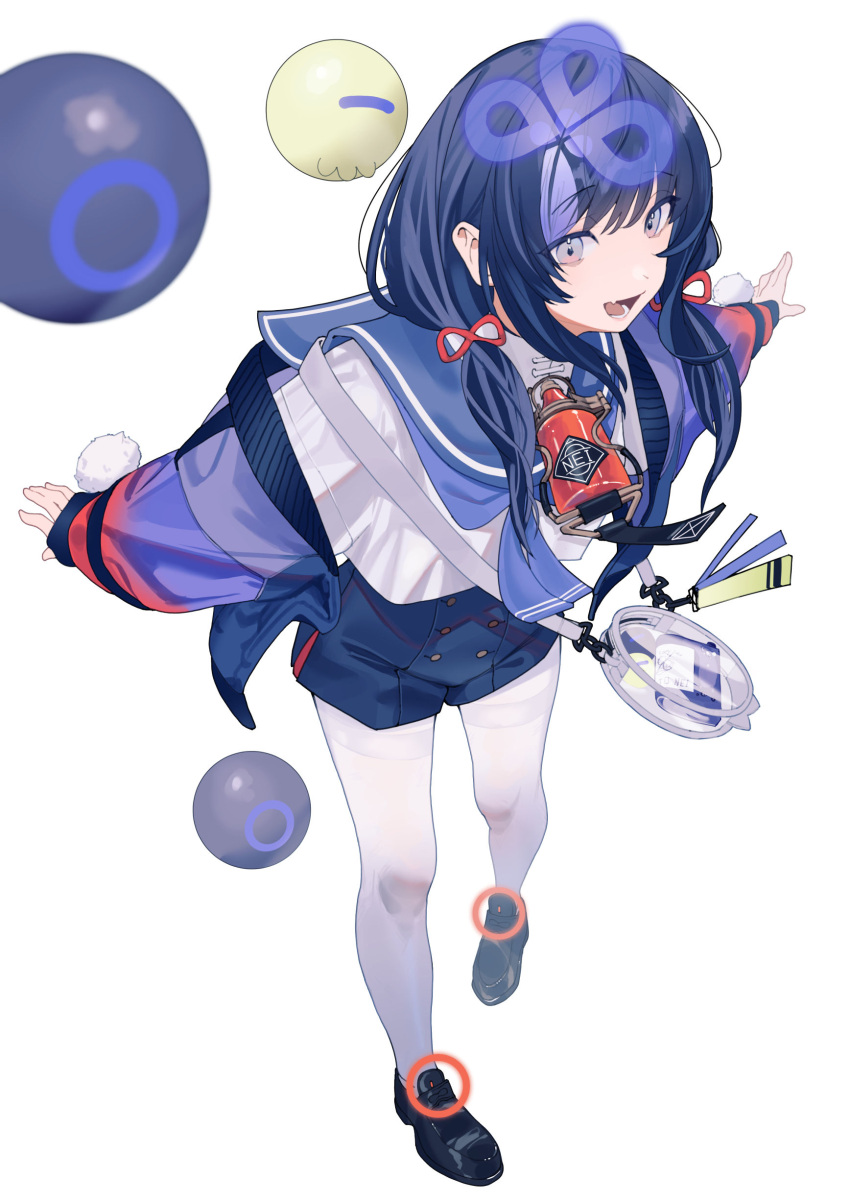 1girl absurdres arisaki_(cnxy7525) black_footwear black_hair black_shorts fang grey_eyes highres jacket loafers long_hair long_sleeves low_twintails multicolored_hair nijisanji open_mouth outstretched_arms pantyhose ponto_nei purple_jacket sailor_collar shirt shoes shorts sidelocks skin_fang smile solo spread_arms standing streaked_hair transparent_bag twintails virtual_youtuber white_background white_pantyhose white_shirt