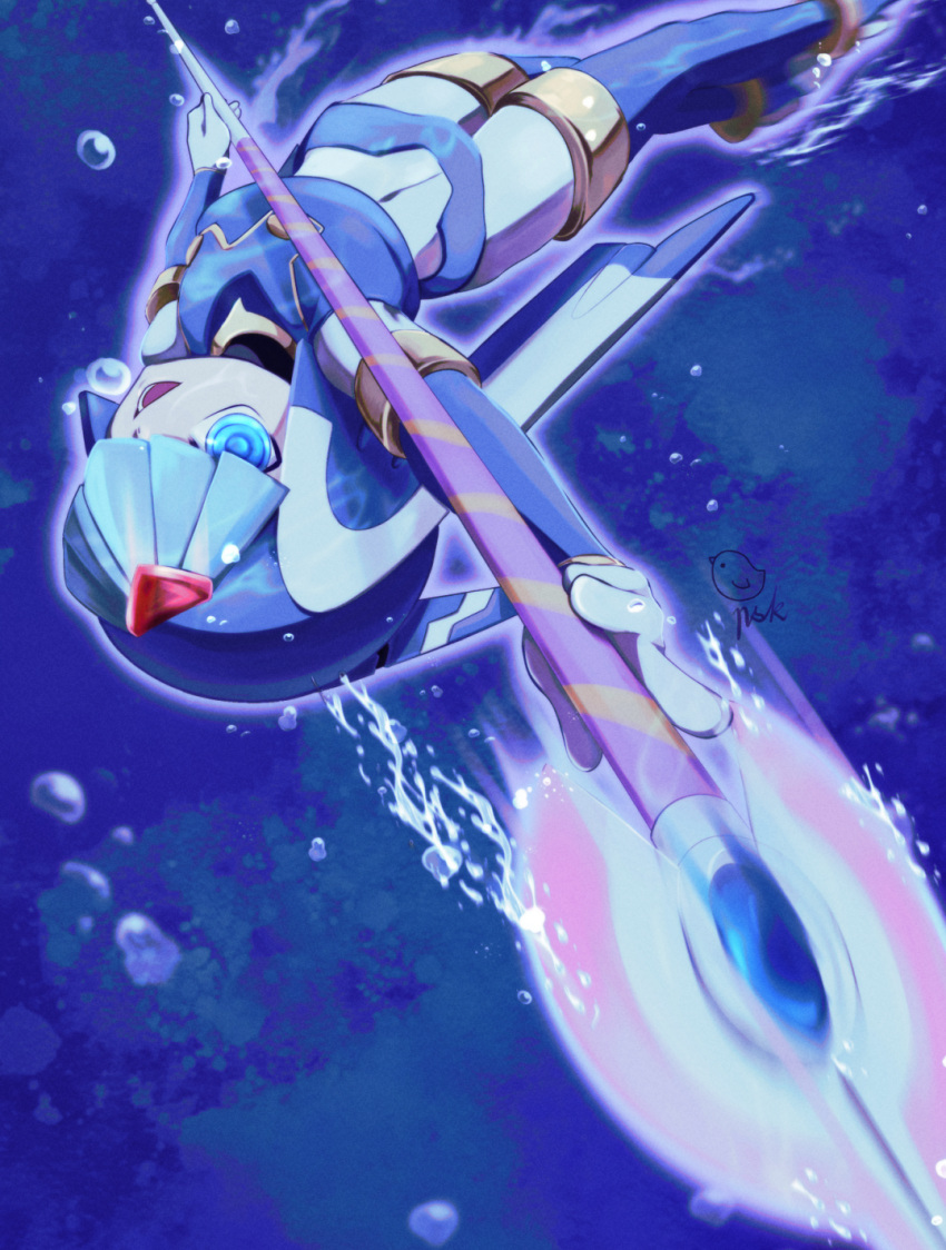 1girl android artist_logo blue_eyes blue_headwear bodysuit covered_navel crop_top fairy_leviathan_(mega_man) helmet highres holding holding_polearm holding_weapon lance looking_at_viewer mega_man_(series) mega_man_zero_(series) pishuke polearm signature solo underwater upside-down weapon white_bodysuit