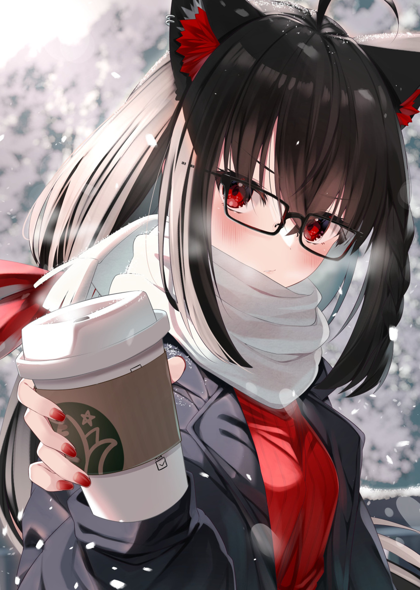 1girl absurdres ahoge animal_ear_fluff animal_ears black-framed_eyewear black_hair black_jacket blush borumete braid breath closed_mouth coffee_cup commentary_request cup disposable_cup earrings fox_ears fox_girl glasses hair_between_eyes hair_ribbon highres holding holding_cup hololive jacket jewelry kurokami_fubuki looking_at_viewer low_ponytail open_clothes open_jacket outdoors rectangular_eyewear red_eyes red_nails red_ribbon red_sweater ribbed_sweater ribbon scarf side_braid sidelocks single_earring snowing solo steam sweater virtual_youtuber white_scarf winter winter_clothes