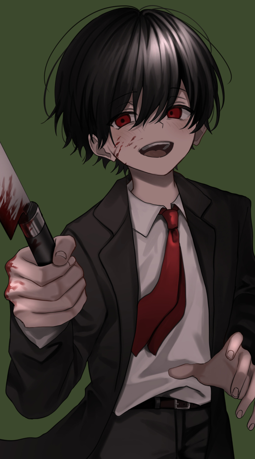 1boy absurdres akanei6no_sora black_hair black_jacket black_pants blood blood_on_face blood_on_knife collared_shirt green_background hair_between_eyes highres holding jacket knife long_sleeves looking_at_viewer male_focus necktie open_clothes open_jacket open_mouth original pants red_eyes shirt simple_background solo white_shirt