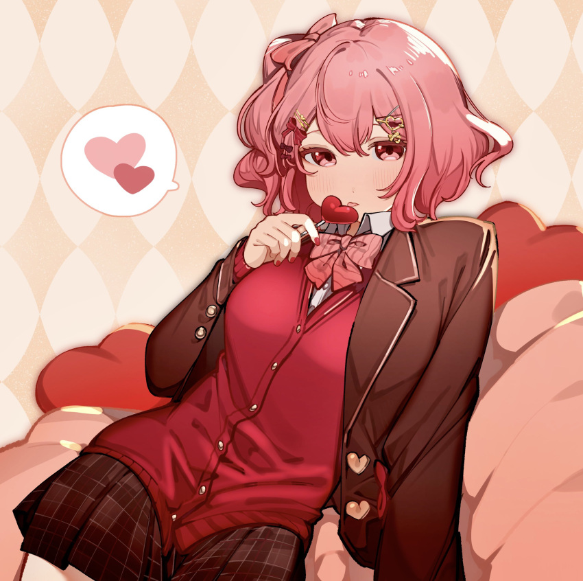 1girl absurdres bow bowtie brown_jacket brown_skirt candy eating food hair_ornament hairclip heart heart-shaped_lollipop highres indie_utaite jacket lollipop long_sleeves nqrse nyannyan_321 pink_eyes pink_hair pink_vest shaped_lollipop short_hair skirt solo tongue tongue_out vest