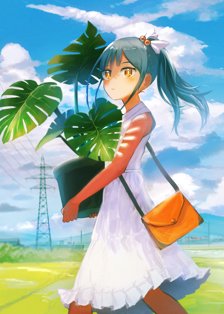 1girl absurdres bag blue_hair blush carrying closed_mouth clouds commentary_request day dress english_commentary highres inami_hatoko landscape lone_nape_hair mixed-language_commentary mountainous_horizon orange_eyes original outdoors plant potted_plant power_lines shoulder_bag side_ponytail sidelocks sky sleeveless sleeveless_dress solo sundress transmission_tower utility_pole walking white_dress