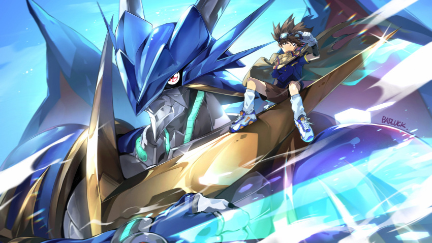1boy absurdres adjusting_goggles armor artist_name badluck blue_shirt blue_skin brown_hair brown_shorts cloak colored_skin creature digimon digimon_(creature) digimon_adventure_v-tamer_01 dragon energy_sword goggles goggles_on_head highres horns red_eyes shirt shorts spiky_hair sword ulforcev-dramon weapon wings wrist_blades yagami_taichi_(digimon_adventure_v-tamer_01)