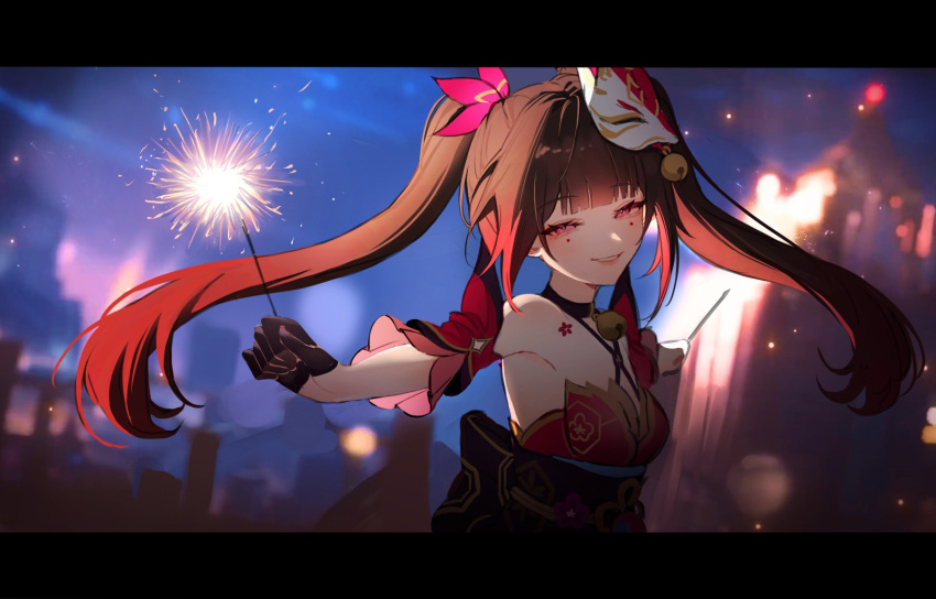 1girl :d bare_shoulders bell black_choker black_gloves blunt_bangs blurry blurry_background blush bow brown_hair choker criss-cross_halter detached_sleeves dress fireworks floating_hair fox_mask from_side gloves gradient_hair grin hair_bow half-closed_eyes halterneck highres holding_fireworks honkai:_star_rail honkai_(series) letterboxed li_nauu looking_at_viewer mask mask_on_head multicolored_hair neck_bell obi open_mouth pink_eyes red_bow red_dress red_sleeves redhead sash scene_reference short_sleeves single_glove sleeveless sleeveless_dress smile solo sparkle_(honkai:_star_rail) sparkler teeth twintails upper_body