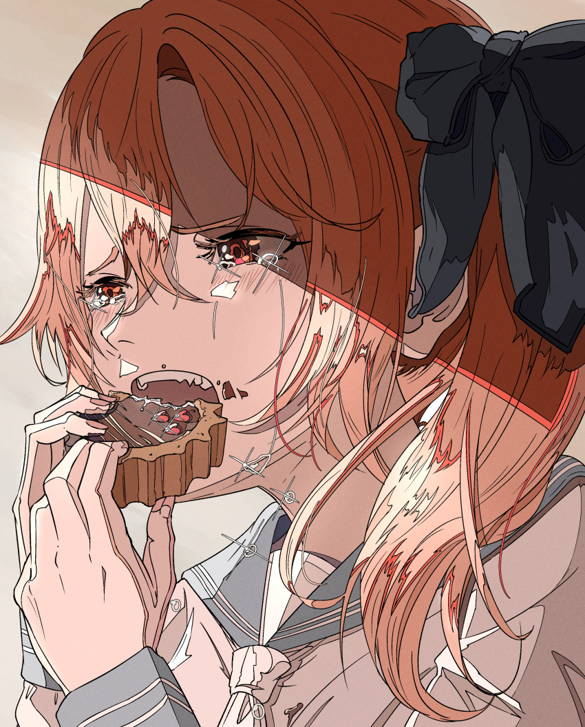 1girl absurdres aqua_sailor_collar blue_bow bow chocolate crying eating food food_in_mouth food_on_face furrowed_brow grey_background hair_bow hands_up highres holding holding_food long_hair natsugu72 neckerchief open_mouth orange_eyes orange_hair original portrait sailor_collar school_uniform serafuku shade side_ponytail solo sparkle streaming_tears tears teeth valentine white_neckerchief