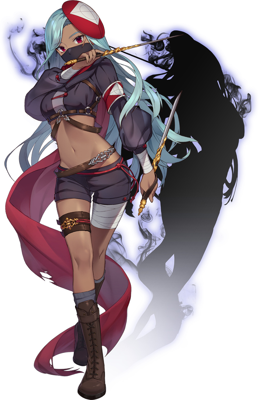 1girl artist_request bandages bare_legs black_shorts blue_hair boots chrono_ark covered_mouth crop_top highres holding holding_weapon long_hair long_sleeves looking_at_viewer mask mask_on_head navel non-web_source official_art red_eyes red_scarf scarf shorts socks transparent_background trisha_(chrono_ark) weapon