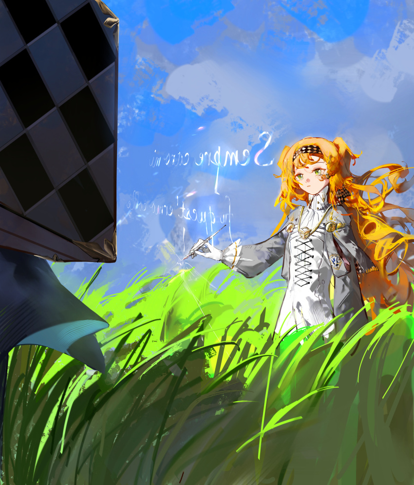 2girls absurdres ashufu blue_sky braid checkered_hairband chinese_commentary closed_mouth clouds commentary_request day dress floating_hair glass_pen gloves grass green_eyes grey_sleeves high_collar highres holding holding_wand italian_text long_hair long_sleeves magic multiple_girls orange_hair outdoors reverse:1999 side_braid sky sonetto_(reverse:1999) standing suitcase tall_grass two_side_up vertin_(reverse:1999) very_long_hair wand white_dress white_gloves writing