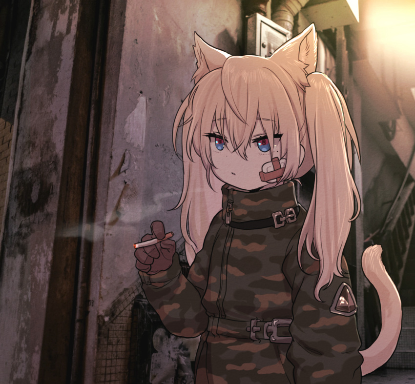 1girl animal_ears backlighting bandaid bandaid_on_face belt blonde_hair blue_eyes brown_gloves camouflage camouflage_coat cat_ears cat_girl cat_tail cigarette coat extra_ears gloves green_coat hair_between_eyes high_collar highres holding holding_cigarette long_hair long_sleeves multicolored_eyes original outdoors parted_lips photo_background red_eyes sidelocks smoke solo standing tail twintails two-tone_eyes yoopooh