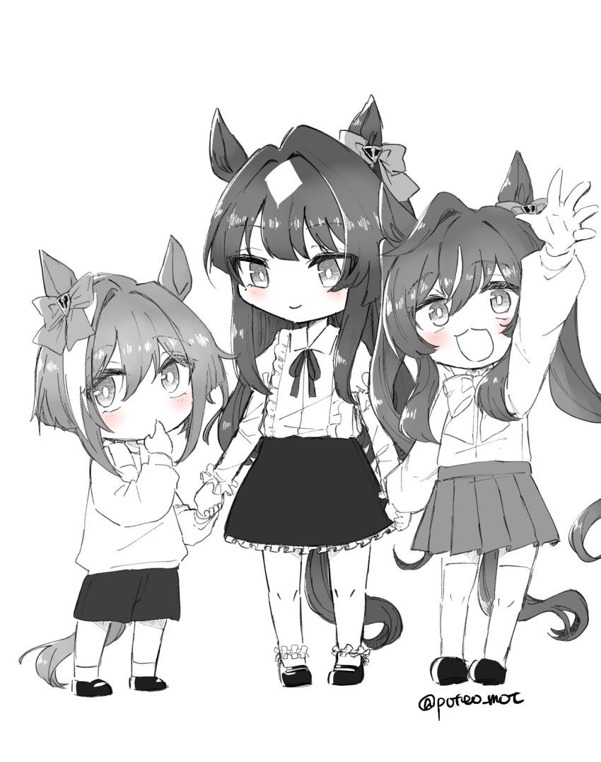 3girls aged_down animal_ears ankle_socks arm_up bow bright_pupils cheval_grand_(umamusume) commentary ear_bow finger_to_mouth greyscale hair_between_eyes hair_intakes highres holding_hands horse_ears horse_girl horse_tail long_hair monochrome multicolored_hair multiple_girls neck_ribbon poteo_(poteo_mot) ribbon short_hair siblings sisters sketch socks spot_color streaked_hair tail thigh-highs twintails twitter_username umamusume verxina_(umamusume) very_long_hair vivlos_(umamusume) waving