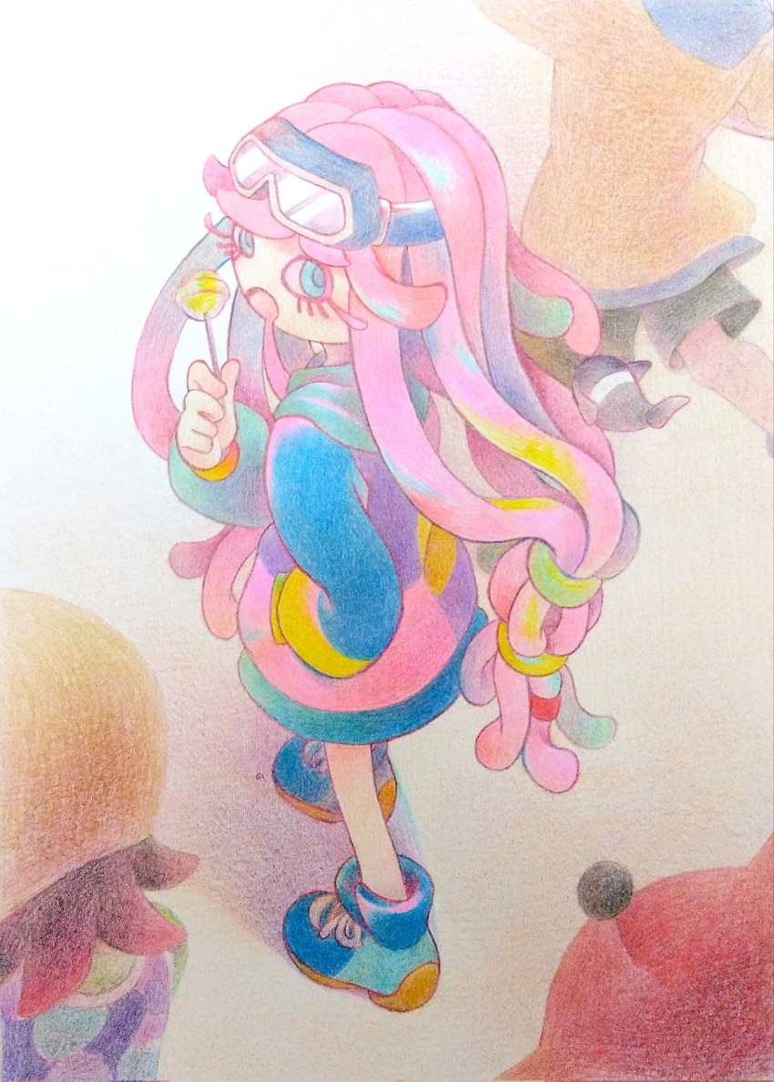 1girl blue_eyes blue_footwear candy co_ma_tsu_na food from_above goggles goggles_on_head harmony_(splatoon) highres holding holding_candy holding_food holding_lollipop lollipop long_hair looking_at_viewer no_nose open_mouth pink_hair shadow shoes splatoon_(series) splatoon_3 very_long_hair