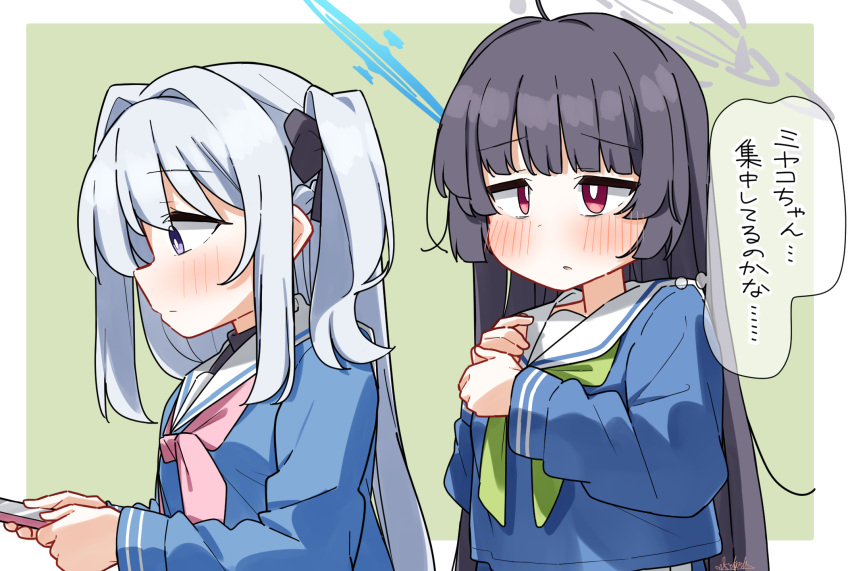 2girls :o ahoge black_bow black_hair blue_archive blue_shirt blush bow braid cellphone closed_mouth dash_b green_background green_neckerchief grey_hair hair_bow hair_intakes halo highres holding holding_phone long_hair long_sleeves miyako_(blue_archive) miyu_(blue_archive) multiple_girls neckerchief one_side_up parted_lips phone pink_neckerchief profile puffy_long_sleeves puffy_sleeves red_eyes sailor_collar shirt signature translation_request two-tone_background upper_body very_long_hair violet_eyes white_background white_sailor_collar