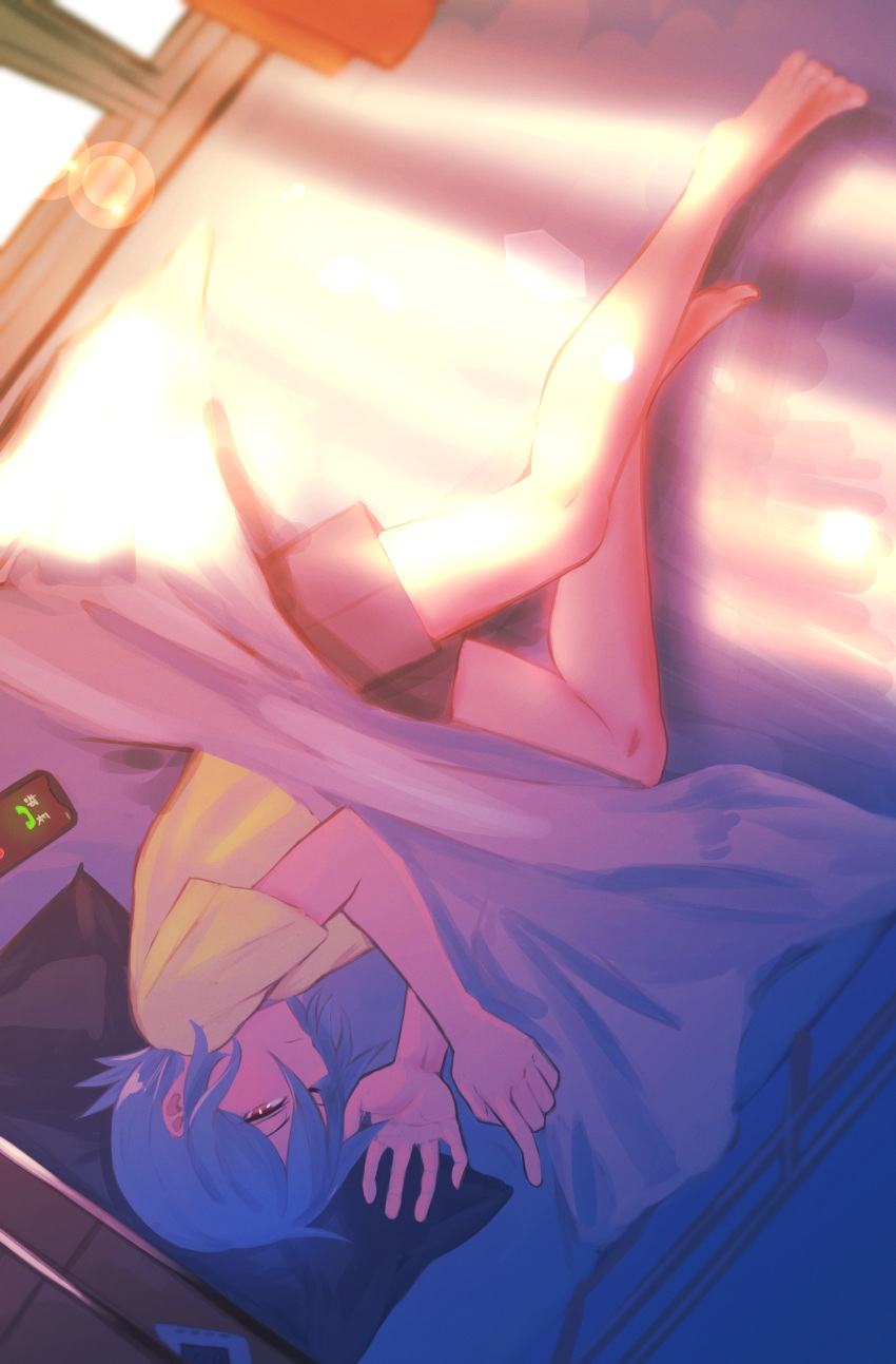 1girl absurdres barefoot blue_hair cellphone commentary_request film_grain grey_shorts hair_between_eyes highres inami_hatoko indoors lens_flare looking_at_viewer lying on_bed original phone red_eyes shirakami_musubu shirt short_hair short_sleeves shorts smartphone solo sunlight upside-down window yellow_shirt