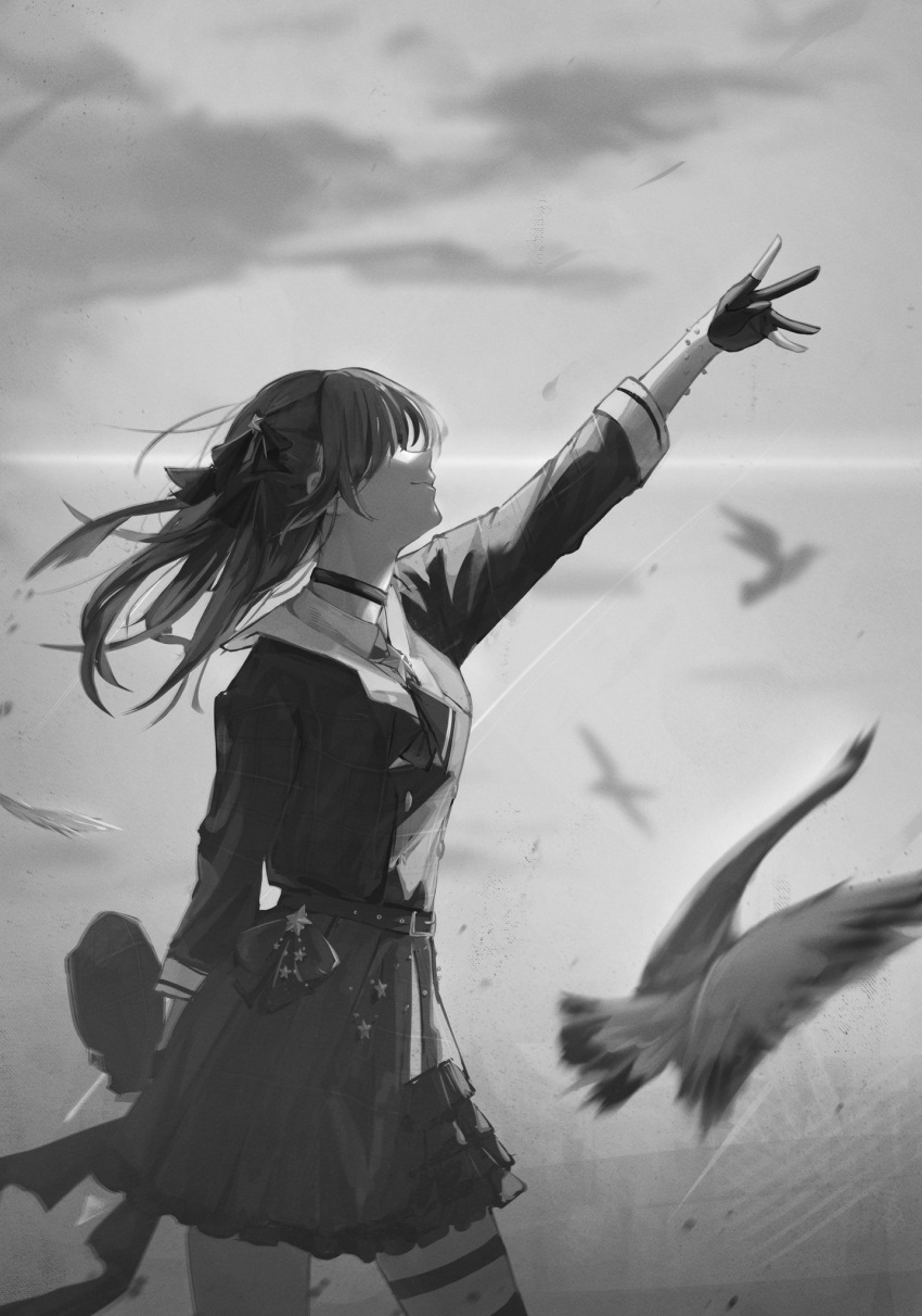 1girl arm_up bird black_choker black_gloves blurry choker closed_mouth commentary_request depth_of_field from_side gloves grey_headwear grey_shirt grey_skirt greyscale hat highres holding holding_clothes holding_hat hololive horizon hoshimachi_suisei hoshimachi_suisei_(1st_costume) jacket long_hair long_sleeves monochrome outdoors partially_fingerless_gloves plaid plaid_headwear plaid_jacket satellite999 shirt side_ponytail skirt smile sunset thigh_strap unworn_headwear upper_body virtual_youtuber
