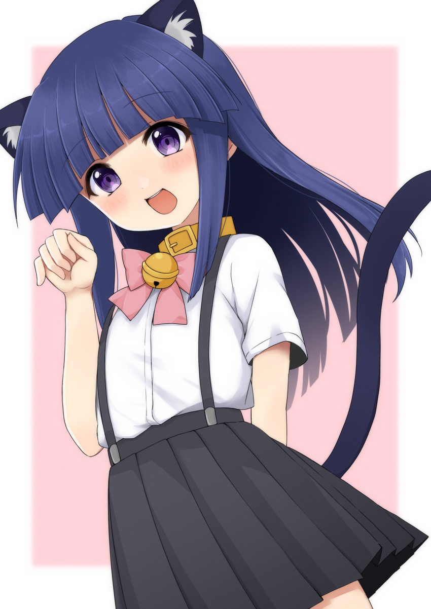 1girl :d animal_collar animal_ear_fluff animal_ears arm_behind_back bell black_skirt blunt_bangs blunt_ends blush border bow cat_ears cat_girl cat_tail collar commentary cowboy_shot flat_chest floating_hair furude_rika hand_up highres higurashi_no_naku_koro_ni jingle_bell kemonomimi_mode long_hair looking_at_viewer neck_bell open_mouth paw_pose pink_background pink_bow pleated_skirt poyadevil shirt short_sleeves sidelocks simple_background skirt smile solo suspender_skirt suspenders tail tail_raised tareme teeth upper_teeth_only violet_eyes white_border white_shirt
