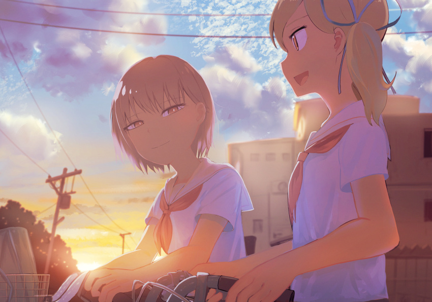2girls bag bicycle bicycle_basket blue_ribbon brown_eyes building closed_mouth clouds commentary_request flat_chest grey_hair hair_ribbon highres inami_hatoko medium_hair multiple_girls neckerchief open_mouth original outdoors power_lines red_neckerchief ribbon riding riding_bicycle sailor_collar school_bag school_uniform serafuku shirt short_hair short_sleeves short_twintails sky twintails utility_pole white_sailor_collar white_shirt