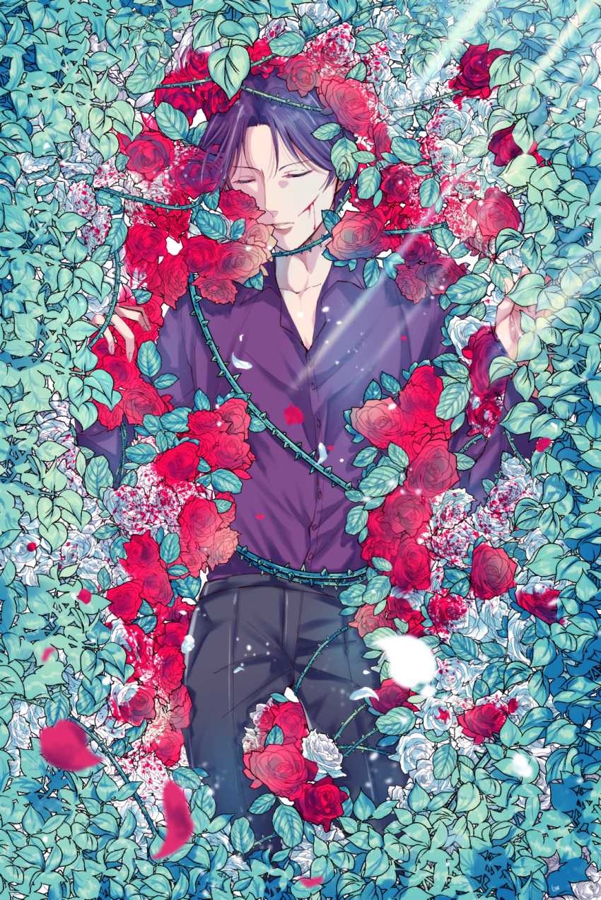 1boy black_pants bleeding blood blood_on_face blood_on_flower bound carcassa1104 closed_eyes closed_mouth collarbone cuts flower formal highres injury kindaichi_shounen_no_jikenbo leaf long_sleeves male_focus pants parted_bangs petals plant purple_hair purple_shirt red_flower red_rose rose rose_petals shirt short_hair solo sunlight takatoo_youichi thorns tied_up_(nonsexual) vegetation vines white_flower white_rose