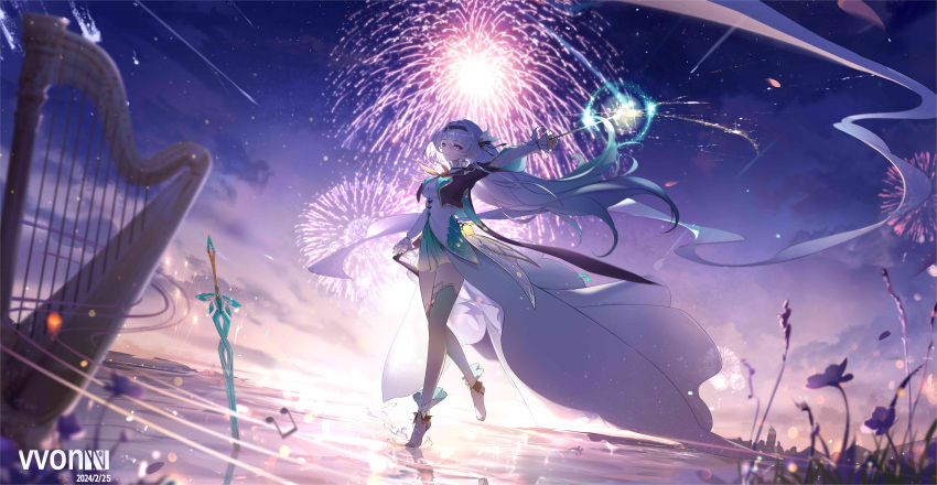 1girl absurdres barefoot black_hairband black_jacket blue_pupils bow collared_shirt cropped_jacket dancing firefly_(honkai:_star_rail) fireworks flower grey_hair hair_between_eyes hair_ribbon hairband harp highres holding_fireworks honkai:_star_rail honkai_(series) instrument jacket long_hair looking_at_viewer neckerchief orange_neckerchief planted planted_sword ribbon shirt solo sparkler sword thigh-highs two-sided_fabric two-sided_jacket two-tone_eyes v-von weapon white_bow white_shirt