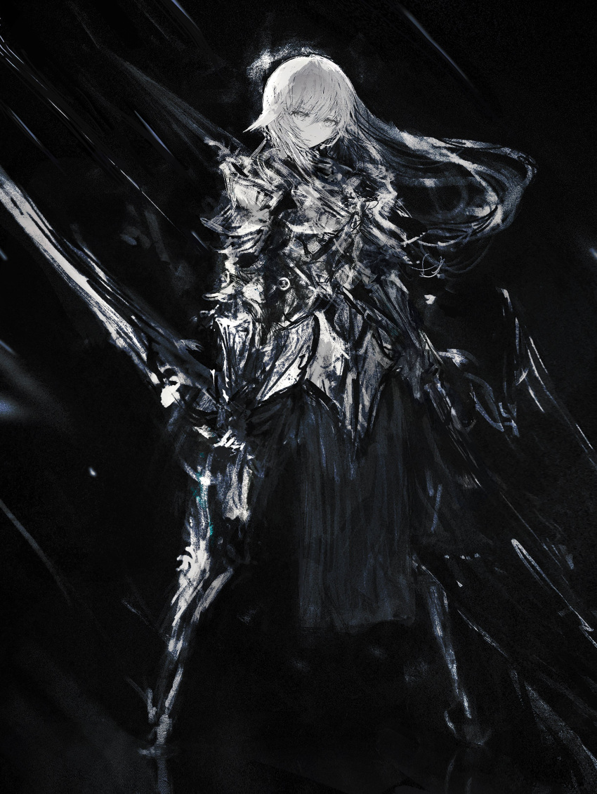 1girl :| absurdres armor breastplate closed_mouth expressionless floating_hair full_body greaves greyscale hair_between_eyes highres holding holding_sword holding_weapon legs_apart long_bangs long_hair looking_at_viewer monochrome original pelvic_curtain ponytail rain reverse_grip sidelocks solo standing sword tuda6 vambraces weapon