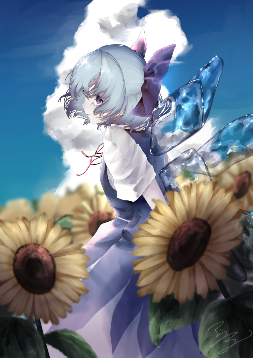 1girl absurdres blue_dress blue_hair blue_vest blurry blurry_background bow cirno closed_mouth clouds cumulonimbus_cloud day detached_wings dress field flower flower_field hair_between_eyes hair_bow highres ice ice_wings light_blue_hair looking_at_viewer neck_ribbon outdoors profile purple_bow red_ribbon ribbon shirt short_hair short_sleeves sidelocks sideways_glance signature sky solo standing sunflower sunflower_field t_terano touhou undershirt vest white_shirt wings