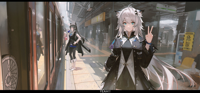 2girls absurdres animal_ears arknights black_hair black_jacket black_pantyhose black_vest blue_eyes blue_gloves blue_necktie blue_shorts boboyo boots breasts cigarette closed_mouth collared_jacket collared_shirt day fingerless_gloves gloves hand_on_own_hip hand_up highres holding holding_cigarette jacket knee_boots lappland_(arknights) lappland_(refined_horrormare)_(arknights) legs_apart letterboxed long_hair looking_at_viewer medium_breasts multiple_girls necktie open_clothes open_jacket orange_eyes outdoors pantyhose pantyhose_under_shorts shadow shirt shorts sign sleeveless sleeveless_shirt smile smoke_trail texas_(arknights) texas_the_omertosa_(arknights) train train_station_platform v vest white_footwear white_hair white_shirt wolf_ears wolf_girl