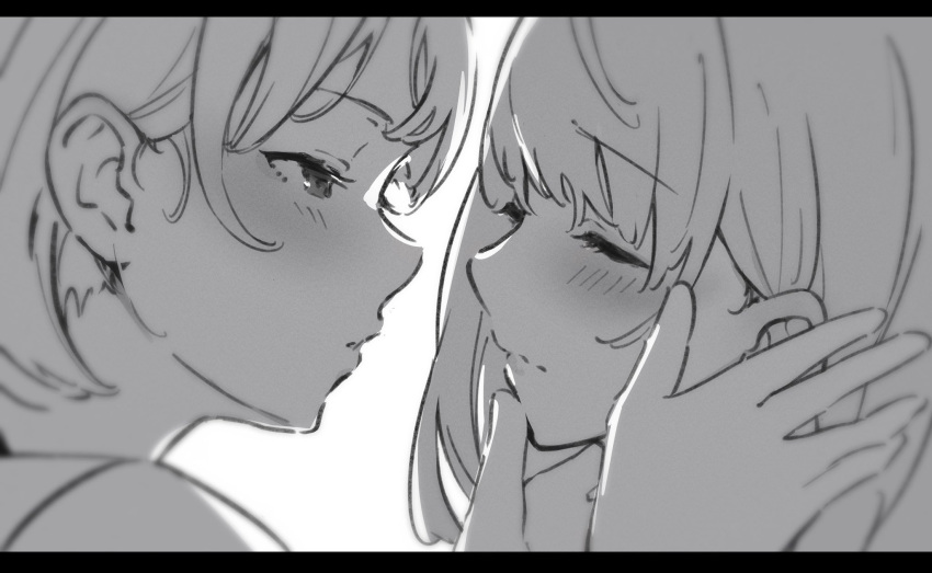 2girls atenaba blush closed_eyes greyscale hand_on_another's_face highres imminent_kiss letterboxed looking_at_another monochrome multiple_girls original parted_lips portrait yuri