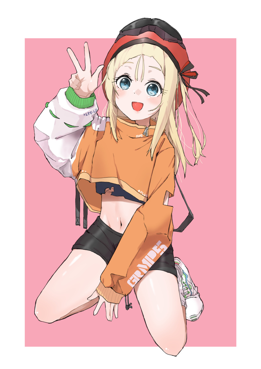 1girl absurdres bike_shorts black_shorts blonde_hair blue_eyes blush character_name clothes_writing full_body girls_frontline hand_up highres inset_border kneeling long_hair looking_at_viewer midriff mp5_(girls'_frontline) navel open_mouth pink_background red_headwear shoes shorts smile sneakers solo w white_footwear yakiniku-joan.