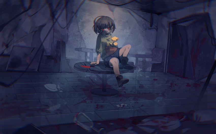 1other abandoned ahoge androgynous ankle_boots arm_support black_footwear black_hair black_shorts blood blood_on_face blood_on_ground blood_splatter booth_seating boots broken chara_(undertale) child chinese_commentary commentary_request crack cup dilapidated door drinking_glass evil_smile flower green_sweater highres indoors knee_up knife lazy_kun looking_at_viewer no_pupils plant plate potted_plant red_eyes scenery short_hair shorts sitting sitting_on_table smile sweater table undertale wide_shot yellow_flower