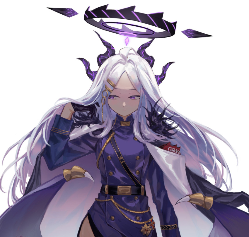 1girl armband black_gloves blue_archive coat coat_on_shoulders demon_horns demon_wings expressionless gloves hair_ornament halo highres hina_(blue_archive) horns jacket long_hair looking_to_the_side low_wings multiple_horns purple_jacket richost solo upper_body very_long_hair violet_eyes white_hair wings