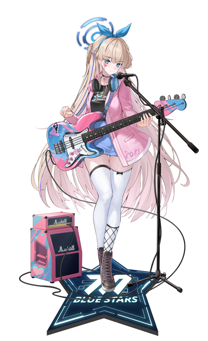 1girl absurdres amplifier black_choker black_footwear black_shirt blonde_hair blue_archive blue_eyes blue_hair blue_halo blue_skirt blush boots braid breasts choker closed_mouth electric_guitar guitar halo headphones highres holding holding_instrument instrument long_hair microphone microphone_stand multicolored_hair shirt skirt small_breasts smile solo ssong2 streaked_hair thigh-highs toki_(blue_archive) transparent_background white_thighhighs