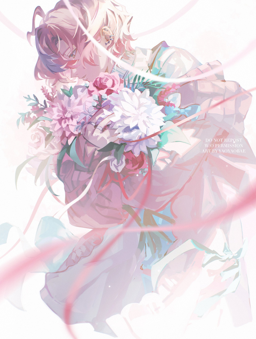 1boy absurdres ahoge aqua_eyes aqua_ribbon aqua_shirt blue_bow bouquet bow cardigan ear_piercing english_commentary flower fragaria_memories hair_between_eyes highres holding holding_bouquet jewelry male_focus merold_(fragaria_memories) open_mouth piercing pink_cardigan pink_flower pink_hair pink_theme red_ribbon ribbon ring shirt short_hair simple_background solo striped_clothes striped_shirt sweater turtleneck turtleneck_sweater watermark white_background white_bow white_flower white_sweater yaoyaobae