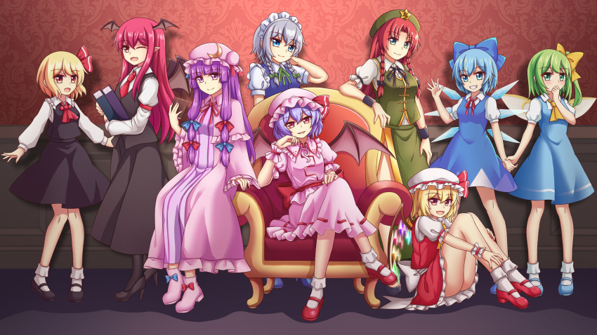 6+girls :d ;d absurdres arm_rest armband armchair ascot back_bow bat_wings beret black_bow black_footwear black_pantyhose black_skirt black_vest blonde_hair blue_bow blue_dress blue_eyes blue_footwear blue_hair book book_stack bow braid capelet chair china_dress chinese_clothes cirno collared_shirt commentary_request covering_own_mouth crescent crescent_hat_ornament crystal daiyousei detached_wings dress dress_shirt elbow_rest embodiment_of_scarlet_devil fairy_wings flandre_scarlet frilled_dress frills full_body green_bow green_headwear green_skirt green_vest grey_hair hair_bow hair_ribbon hand_on_own_cheek hand_on_own_face hand_to_own_mouth hat hat_ornament head_wings high_heels high_side_ponytail highres holding holding_book holding_hands hong_meiling hugging_book hugging_object ice ice_wings izayoi_sakuya juliet_sleeves knees_together_feet_apart koakuma loafers long_hair long_sleeves looking_at_viewer mob_cap multiple_girls multiple_hair_bows necktie on_floor one_eye_closed pantyhose patchouli_knowledge piaoluo_de_ying_huaban pinafore_dress pink_footwear pink_shirt pink_skirt puffy_short_sleeves puffy_sleeves purple_capelet purple_dress purple_hair red_armband red_ascot red_bow red_eyes red_footwear red_necktie redhead remilia_scarlet ribbon rumia shirt shoes short_hair short_sleeves side_ponytail sidelocks sitting skirt skirt_set sleeveless sleeveless_dress smile socks star_(symbol) star_hat_ornament striped_clothes striped_dress touhou tress_ribbon twin_braids vertical-striped_clothes vertical-striped_dress very_long_hair vest violet_eyes wallpaper_(object) white_bow white_socks wide_sleeves wings wrist_cuffs yellow_bow