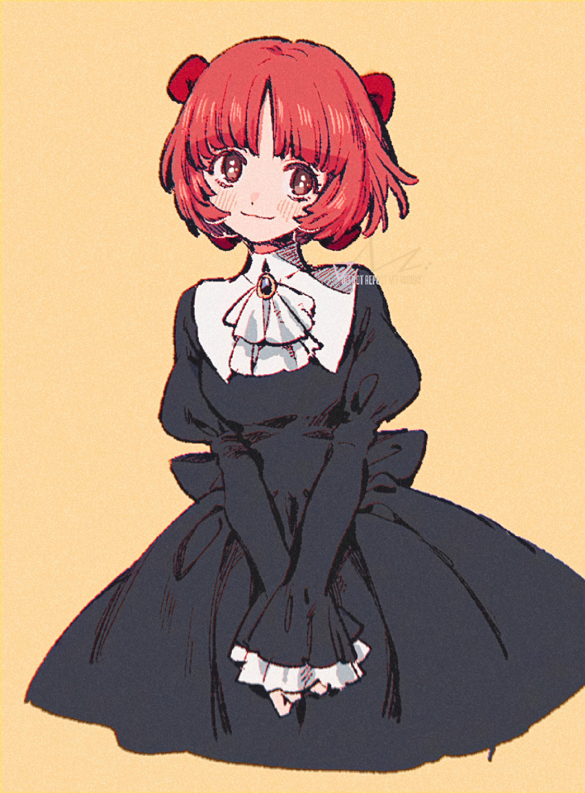 1girl aged_up artist_name ascot black_dress black_jack_(series) blush bob_cut bow brooch chromatic_aberration closed_mouth cropped_legs cropped_torso dress hair_bow highres jewelry juliet_sleeves long_sleeves looking_at_viewer m:_(zmzmoo00) own_hands_together pinoko puffy_sleeves red_bow red_eyes redhead short_hair signature simple_background sleeves_past_wrists smile solo v_arms watermark white_ascot wide_sleeves yellow_background