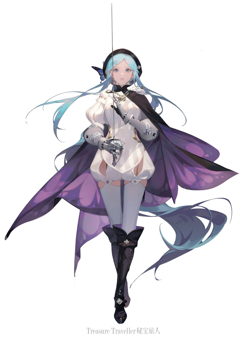 1girl absurdres aqua_eyes aqua_hair armored_gloves black_footwear black_headwear boots breasts bug butterfly butterfly_hat_ornament cangqiong cape chinese_commentary chinese_text dlgeria dress english_text full_body gloves hand_up hat hat_ornament highres holding holding_sword holding_weapon long_hair long_sleeves looking_at_viewer medium_breasts parted_bangs parted_lips puffy_short_sleeves puffy_sleeves purple_cape short_sleeves simple_background solo standing straight-on sword synthesizer_v tachi-e thigh-highs thighs weapon white_background white_dress white_thighhighs