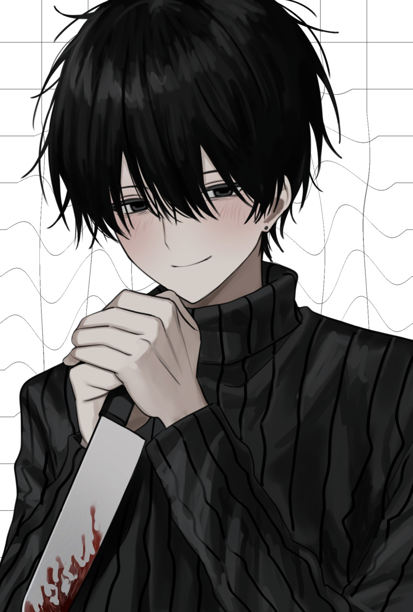 1boy akanei6no_sora black_eyes black_hair black_sweater blood blood_on_knife blush closed_mouth ear_piercing hair_between_eyes highres holding holding_knife knife long_sleeves looking_at_viewer male_focus messy_hair original piercing ribbed_sweater simple_background solo sweater turtleneck turtleneck_sweater upper_body